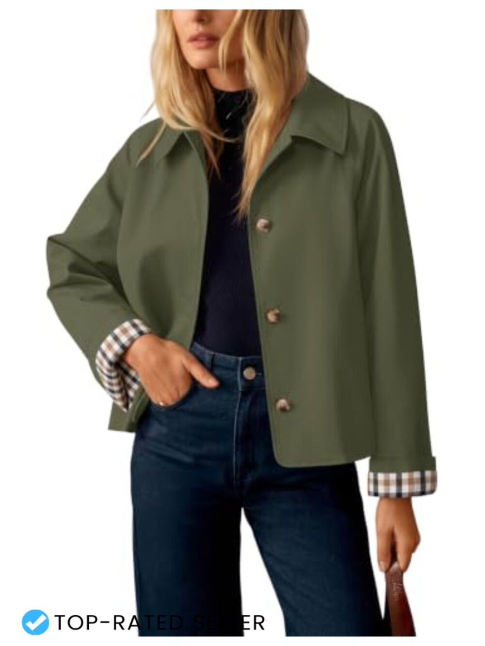 Cropped Trench Coat Plaid Cuff Button Front Lightweight Fall Jacket